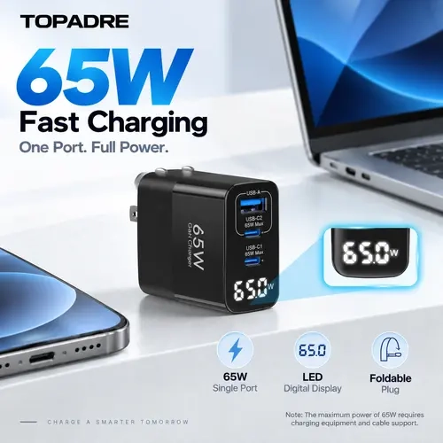 TOPADRE 65W GaN Multi-Port Charger - 2 USB-C + 1 USB-A, LED Digital Screen, Folding Plug, Universal Electronic Adapter, 65W Max Single Port for Smartphone, Mobile, Cellphone, Laptop, MacBook, iPhone 18/17/16/15, iPad, Samsung
