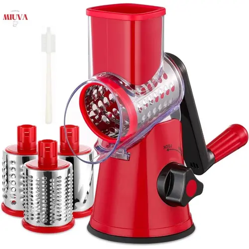 ONESHOW HOME Handheld 3-in-1 Stainless Steel Barrel Rotary Cheese Grater with 3 Interchangeable Drums, Rotary Handle (Saves Arm Strain), Strong Suction Cup Base, Compact Storage, Easy Assembly & Cleaning, Convenient Cleaning for Efficient Food Preparation