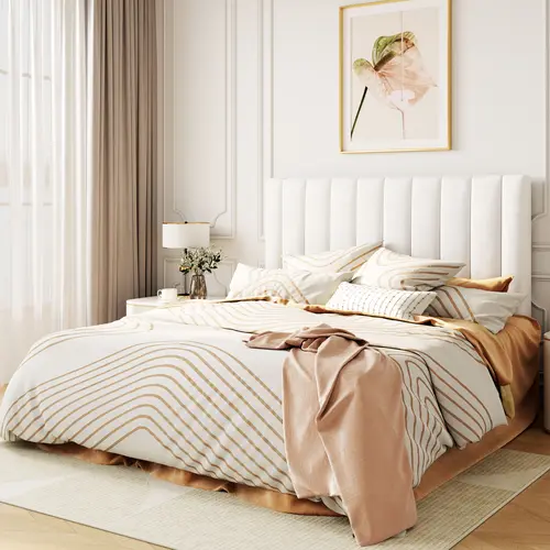 HOOMIC Velvet Upholstered Platform Bed Frame【Frame Only No Mattress】with Vertical Channel Tufted Headboard, Strong Slats Support, No Box Spring Needed, Full/Queen/King Size