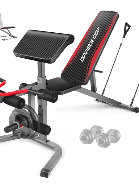 【Only Live】OppsDecor Olympic Adjustable Weight Bench Set with Leg Extension, Leg Curl & Preacher Curl, 900LBS Incline-Decline-Flat Home Gym Equipment, Space-Saving Home Fitness Equipment for Barbell Rack, At Home Gym Equipment,SummerWins,father'sdaygifts