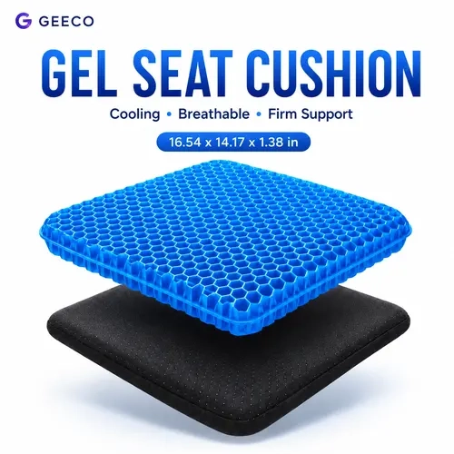 GEECO Honeycomb Gel Seat Cushion, Breathable Cooling Pressure Relief Chair Pad for Office/Car Use, Non-Slip Washable Cover, 16.5"x14.2"