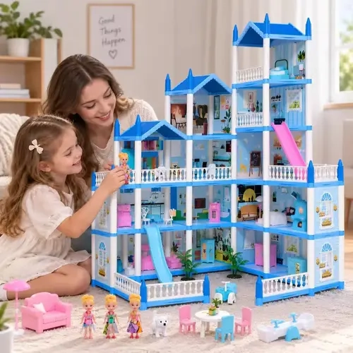 CUTE STONE 16-Room Unisex Princess Miniature Dollhouse for Ages 3+, Large ABS Plastic Pretend Play Toy with Colorful Lights, Furniture Set, Accessories, 3 Dolls to Boost Creativity