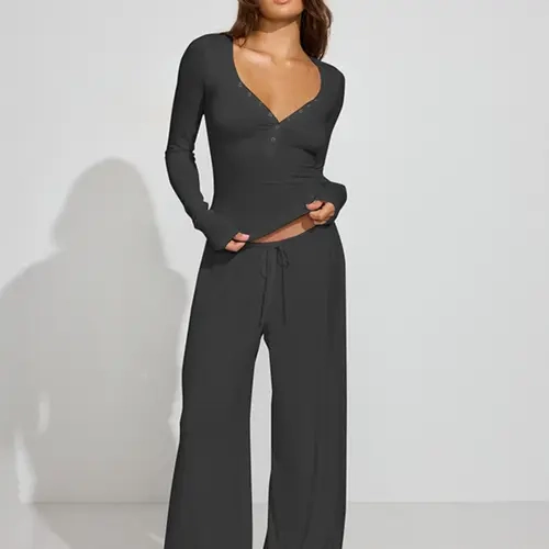 Women's 2-Piece Set, Fall New Pure Color Casual Basic Long Sleeve Button-Up Top + Drawstring Pants, Comfortable and Stylish, Lounge Pants Set