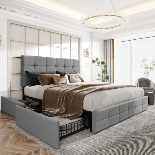 HOOMIC Platform Storage Bed Frame【Frame Only No Mattress】with 4 Drawers,adjustable Headboard with Square Stitched Button Tufted Design,Wooden Slats,Full/Queen/King,Light Grey/Dark Grey,No Box Spring Needed