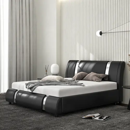 MUTICOR Bed Frame with Modern Iron Pieces Decor,【Frame Only No Mattress】 Faux Leather Platform Bed with Curved Adjustable Headboard, Wood Slat Support, No Box Spring Required