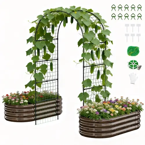 Lilypelle Galvanized Oval Raised Garden Bed Set - Galvanized Metal, 2-in-1/3-in-1 Modular Design, 71"/87" Extra-Tall Arch Trellis with Climbing Net, Easy Safe Assembly (Manual Included), Outdoor Vertical Planter for Cucumbers/Beans, 71" Or 87" Arch
