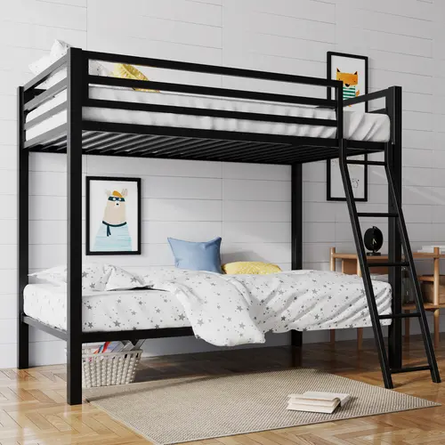 SHA CERLIN All-Metal Twin Loft Bedroom Bedframe - Industrial Design, Inclined Stairs, Full-Length Guardrail, Compact Child-Sized, Durable, Easy to Climb & Assemble, Pegboard, Indoor Furniture for Apartments & Dorms