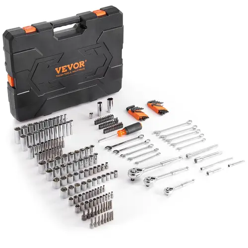 VEVOR 205-Pc CR-V Chrome Vanadium Multifunctional Mechanic Tool Kit, Repair Toolkit with 1/4"-3/8"-1/2" Drive Sockets, SAE/Metric Bits, Wrenches, High Torque Accessories, Anti-Skid Portable Case for Automotive Repairs, DIY Maintenance, Ideal Mechanic Gift