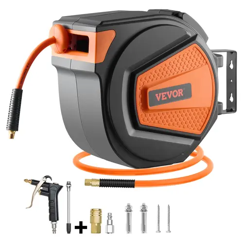 【toolupgrade】VEVOR Upgraded Retractable Air Hose Reel, 3/8 inch x 65FT Hybrid Air Hose (-4°F to 113°F, 300 PSI Max), Auto-Rewind with 6.6 ft Lead Cable, Wall/Ceiling Mount Enclosed PP Reel, Built-in 180 Swivel Bracket, Tangle-Free Polypropylene