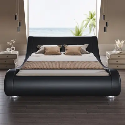 SHA CERLIN Upholstered Sleigh Bed Frame (Frame Only, No Mattress) - Low Profile with Faux Leather Adjustable Curved Upholstered Headboard, No Box Spring Needed, King/Queen Furniture, Summervibes Gift, Adjustable Upholstered Headboard