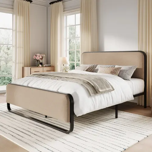 SHA CERLIN Bauhaus Bedroom Upholstered Modern Bed Frame - Curved Black Metal, Ribbed Corduroy or Beige Linen Fabric, Full/King/Queen Size Indoor Furniture, Platform Bed Frame, Requires Assembly (Queen Size Option), Bauhaus Bedroom Bed Frame