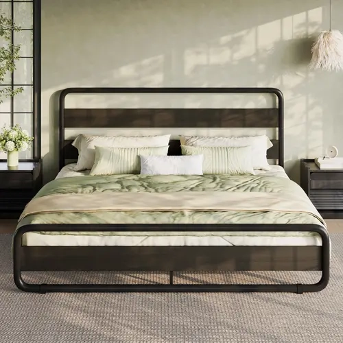 HOOMIC Metal Platform Bed Frame【Frame Only No Mattress】with Curved Wooden Headboard & Footboard,Heavy-Duty Platform Bed with Ample Under-Bed Storage,No Box Spring Required