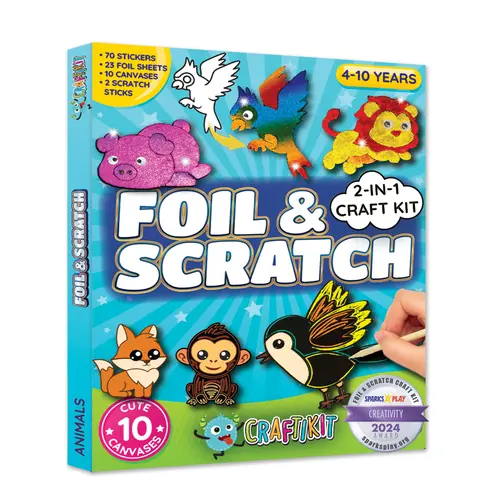 Craftikit Unisex Foil & Scratch Art Crafting Kit for 4-10 Years Kids, Screen-Free Rainy Day Birthday Activity, 10 Animal Scenes, 20+ Colorful Sheets, 70+ Stickers, Mess-Free Arts & Crafts with Foiled Card & Scratch Tools