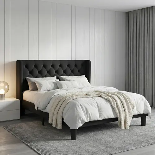 SHA CERLIN Modern Upholstered Linen Platform Bed Frame - Wingback Button-Tufted Headboard, Sturdy Solid Wood Build, Easy Setup, No Box Spring, Sohochic (Full/Queen/King Sizes Available), Modern Upholstered Bed