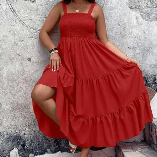 Women's Plus Size Solid Shirred Tiered Layer Cami Dress, Elegant Ruffle Hem High Waist A-line Dress for Beach Holiday, Women's Clothes for All Seasons