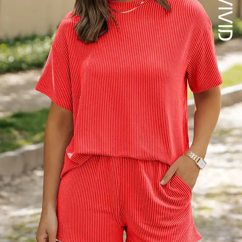 Women's Solid Twisted Ribbed Knit Fabric Textured Pocket Shorts Set, Casual Short Sleeve T-shirt Tee & Elastic Waist Shorts, Ladies Summer Clothes for Daily Wear