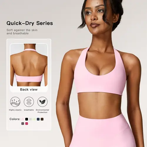 Women's Solid Wireless Halter Sports Bra, Wirefree Workout Bra, Breathable Comfortable High Stretch Sports Bra, Ladies Sportswear for Workout Gym Yoga