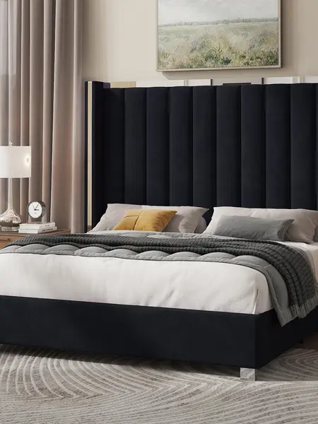 [Summerwins] AMERLIFE Modern Bed Frame with 58" Tall Headboard, Velvet Upholstered Platform Bed with Channel Tufted Wingback Headboard & Plating Trim Design, No Box Spring Needed, Luxury Bedroom Furniture/Best Gift Ideas/Christmas Gifts
