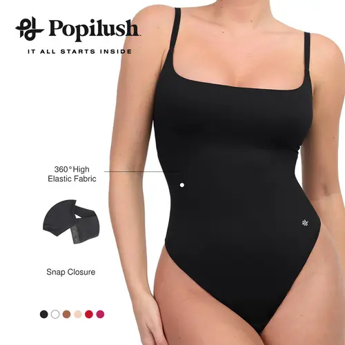 Popilush CloudSense Women's High-Cut Body Contouring Bodysuit - U-Neck, Spaghetti Strap, No-Slip Fabric