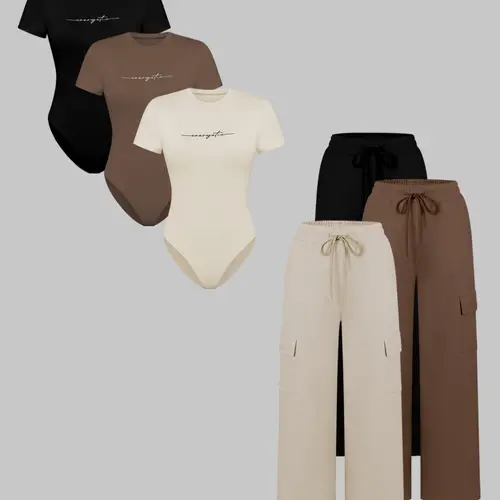 【Black Friday】Women's Fitted Letter Print Outfit, Basic Short Sleeve Round Neck Bodysuit & Drawstring Waist Long Pants, Fashion Soft Knit Womenswear for All Seasons