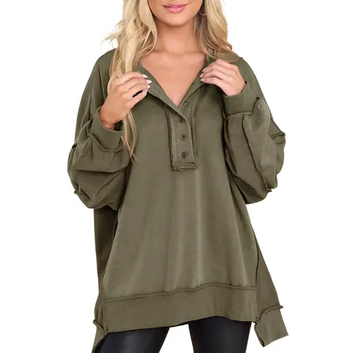 EVALESS Women's Oversized Ribbed Button Henley Cotton Sweatshirt - Casual Long-Sleeve V-Neck Solid Patchwork Tunic, Everyday Fabric 2026 Fall Winter Party Womenswear Tops