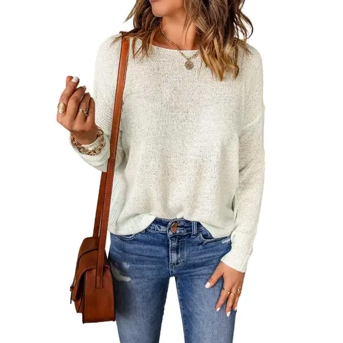 EVALESS Women's Crochet Crewneck Long Sleeve Drop Shoulder Light Knit Pullover - Basic, Loose, Soft Fabric, Casual Blouses for 2026 Fall Outfits (Womenswear)