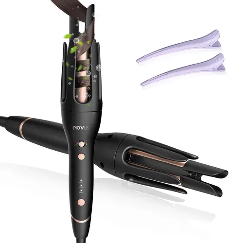 NOVUS Heated Curler - Plug-Powered Automatic Curling Iron with Anti-Scalding Design, Ceramic Extended Claws, Adjustable Steering Wand, 30Min Automatic Shutdown, 3 Temp Settings, Press Button, Smooth Handle for All Hair Types