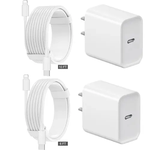 GQOHRT Fast Charging USB-C Wall Charger Block & Cable Set (2 Blocks, 2 Cables: 6FT-10FT, US Plug) with Smart Chip Adjusts Current & Safety Chip, iPhone 14/13/12/11/X/XS Compatible for Smartphones