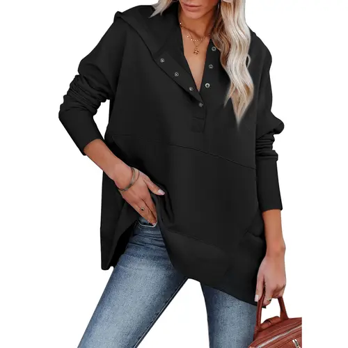 EVALESS Women's Soft Tops - Baggy Ribbed Polyester-Cotton Fabric Hoodie, Casual Oversized Button V-Neck Long-Sleeve Henley Pullover with Pockets, 2026 Fall Winter Thanksgiving Dressy Breathable Sweatshirt for Leggings Pairing, Daily Use