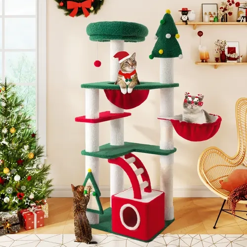 SHA CERLIN Durable 56in/76in (4.7ft/6.3ft) Christmas Tree Cat Tree & Condo, 3-Level Plush Entertainment Center with Pillar-Free Space, Cat Mansion, Cat Tree House, Detachable Scratching Posts & Plush Ball Toy, 33lb Capacity for Indoor Cats