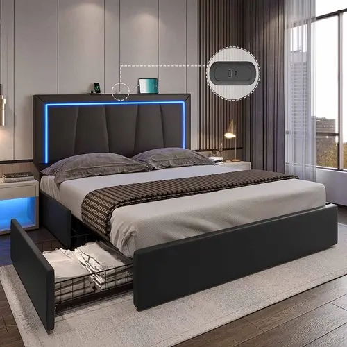 Sikaic 4 Drawers Faux Leather Upholstered Platform Bed Frame With LED Headboard Black, Home Furniture Christmas Gifts [TiktokShopFallDealsForYou]