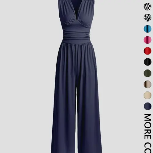 Women's Plain Ruched Deep V Neck Ribbed Fitted Jumpsuit, Elegant Chic Minimalist Sleeveless Wide Leg Jumpsuit for Summer, Ladies Clothes for Beach Holiday Vacation