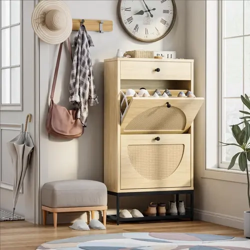 AWQM Free Standing Shoe Rack - Entryway Organizer with 2 Natural Semi-Circular Rattan Flip Drawers, Hallway Faux Wooden Shoe Storage Cabinet