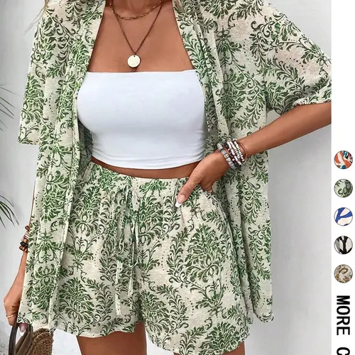Women's Floral Print Open Front Short Sleeve Top & Drawstring Waist Shorts Set, Bohemian Casual Two-Piece Outfits for Beach Holiday, Ladies Summer Clothes
