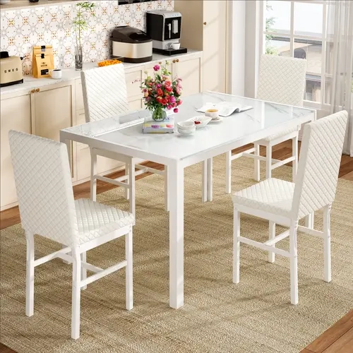 AWQM Dining Room Table Set for 4-5-Piece Kitchen Table & Chairs with Glass Top, Velvet Seat Chairs, White Heel Design, Ideal for Small Spaces