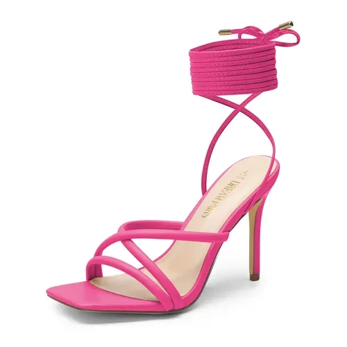Dream Pairs Women's Classy Glamorous Square Toe Strappy Lace-Up Laces Sandals - 3.93in Stiletto Heels, 4mm Padded Straps, Arch Support, Rubber Sole, Height Increase for Wedding, Party