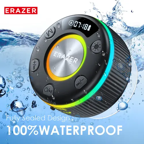 ERAZER XM102 IPX6 Waterproof Dustproof Shockproof Bluetooth Rechargeable Speaker - Portable Wireless 33ft Bluetooth Speaker with Suction Cup, Button Control, 7Color LED Show, Device Connection, Ideal for Outdoor, Home Audio, Birthday Gifts
