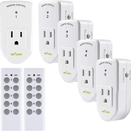 BN-LINK Safe Reliable Smart Home Plug Set - 5 Sockets, 2 Remotes, Long Range, Learning Code (5Rx-2Tx), 120V, 1200W/10A, White, Wireless Remote Control for Home Lights, Fans, Almost Any Electronic Device