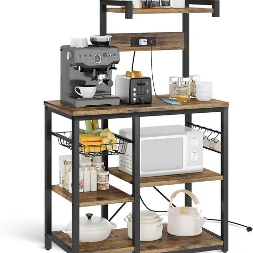 Recaceik Retro Iron Standing Rack - Stable Space-Saving Kitchen Baker's Rack with Power Outlet, Metal Wire Baskets, Hooks, Anti-Slip Feet for Spice/Pots & Pans Organization, Coffee Bar Station Indoor Utility Shelf (Assembly Required)