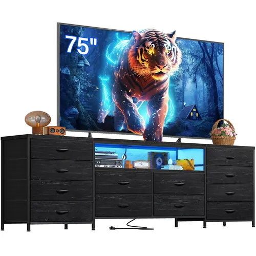 Raybee 63"W TV Stand Dresser - Compatible with 65/70/75" TVs, Bedroom/Living Room Decor, Gamer Room Goals, LED Lights, Power Outlets Charging Station, 12-Drawer Long Fabric Indoor Furniture