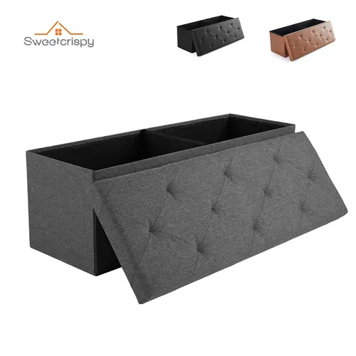 Sweetcrispy Sturdy Breathable 43in-Grey-Fabric Folding Storage Ottoman Bench - 15"d x 15"h x 43"w, Large Rectangle Short Design, MDF Panels, 154L Organizer, 660 lb Capacity, Room Decor Home Goods, Assembly Required for Bedroom, Living Room