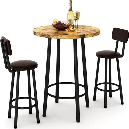 Recaceik 3-Piece Round Pub Dining Set - MDF Wood Top Counter Height Bar Table & 2 Barstools, Modern Retro Home Decor, Simple Assembly Process, Stable 3-Piece Dining Room Furniture for Small Spaces, Kitchens
