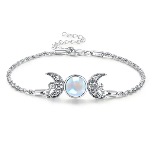 DRINSPER 925 Sterling Silver Artificial Moonstone Bracelet - Hecate Triple Moon Goddess Pagan Wiccan Amulet, Celtic Knot Crescent Moon Fashion Wrist Jewelry for Female Adults, Comfortable to Wear Birthday Gift