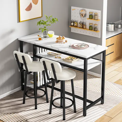 AWQM Set of 3 pub table and chairs, Modern White Faux Marble Table with 2 PU Cushion Bar Stools, Kitchen Counter with 3 Tier Storage Shelves, Space Saving Table for Home & Kitchen, Black Frame, Gold Frame Dining Room Set Upholstered Dining Set Marble Dini