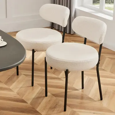 Set of 2 Dining Chairs Boucle Upholstered Kitchen Chairs with Curved Backrest & Metal Legs-Mid Century Modern Round Dining Room Chairs