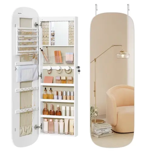SONGMICS Jewelry Organizer Cabinet Wall or Door Mounted - Lockable Mirror Door, Rounded Full-Length Mirror, MDF White Exterior with Greige Velvet Lining, Space-Saving Jewelry Storage with Key Lock, 16.5"W x 42.5"H