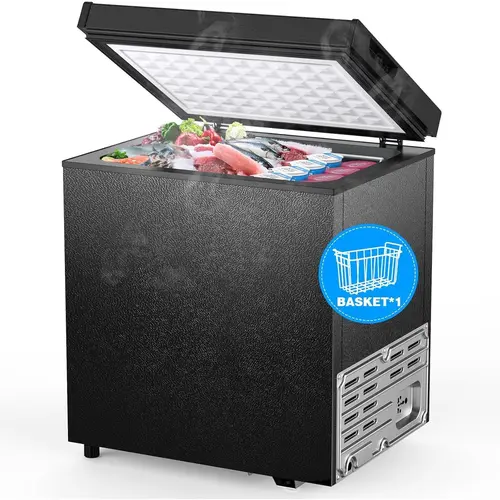 COWSAR 1.8 Cu.Ft Top-Open Chest Deep Freezer - Freestanding Home Kitchen Appliance with Balanced Hinged Door, Pull-Out Basket, Bottom Drain, Adjustable Temp Thermostat, Efficient Lock Fresh 360° Cycle Refrigeration, Compact for Apartments Cold Storage