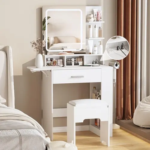 Vabches White Small Vanity Desk Furniture with Mirror, Lights, Drawer, Hidden Under-Shelf, Ample Storage Shelves, Built-In Charging Station, 2 Standard Sockets, Time Display & Chair - Bedroom Makeup Vanity (Charge & Blowdry Compatible, Assembly Required)