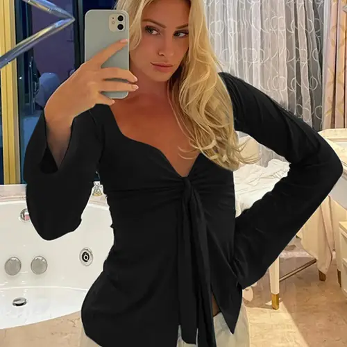 Women's Solid Knot Front Split Hem Tee, Casual Chic Basic Feminine Long Sleeve Sweetheart Neck T-Shirt for Fall, Women's Clothing for Daily Wear Top