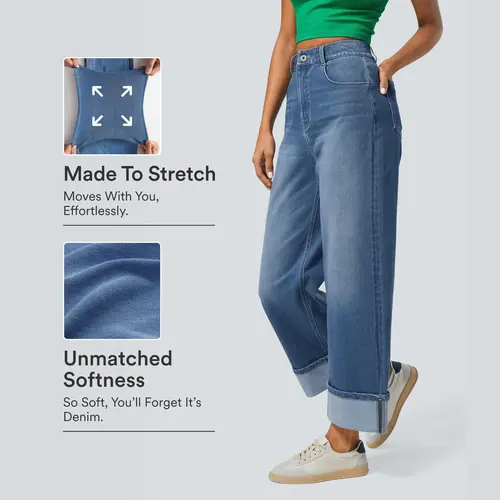 Halara Flex High Waisted Pockets Rolled Hem Wide Leg Washed Casual Jeans #SwimWeek
